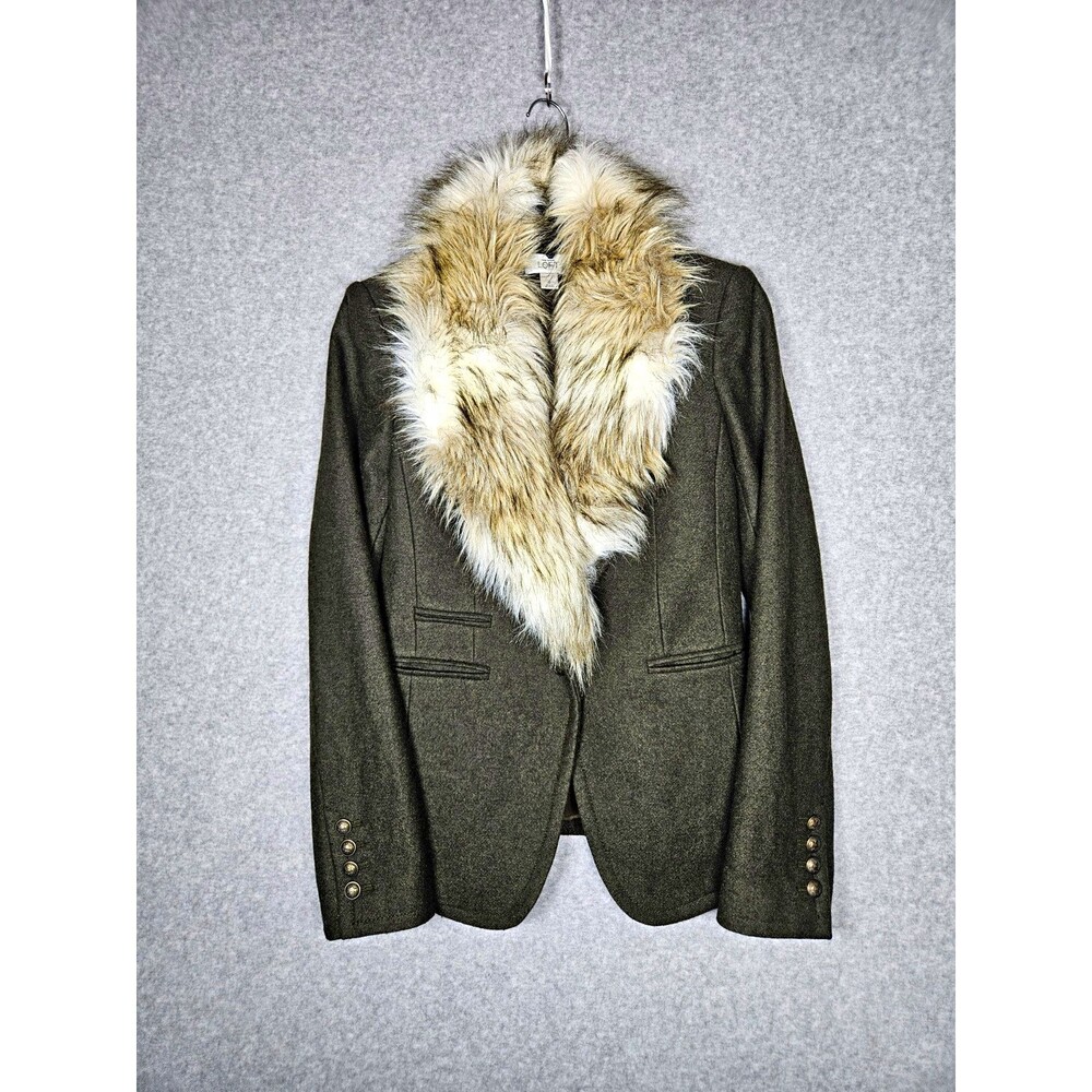 Ann Taylor Wool Blend Blazer Jacket Detachable Faux Fur Collar Olive Green 2